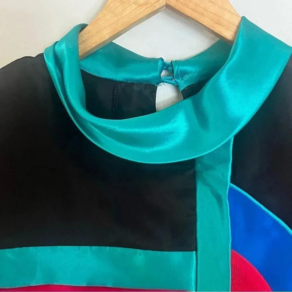 STUNNING VTG Art Deco Layered Geometric Colorblock Satin Secretary Blouse 8 - Picture 4 of 10